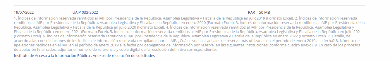 Captura de sitio del IAIP que da cuenta del archivo del Índice de Información Reservada de la Asamblea Legislativa del segundo semestre de 2021, que no concuerda con el almacenado en el sitio de la AL.