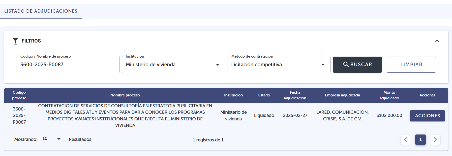 Comprasal: proceso 3600-2025-P0087 del Ministerio de Vivienda