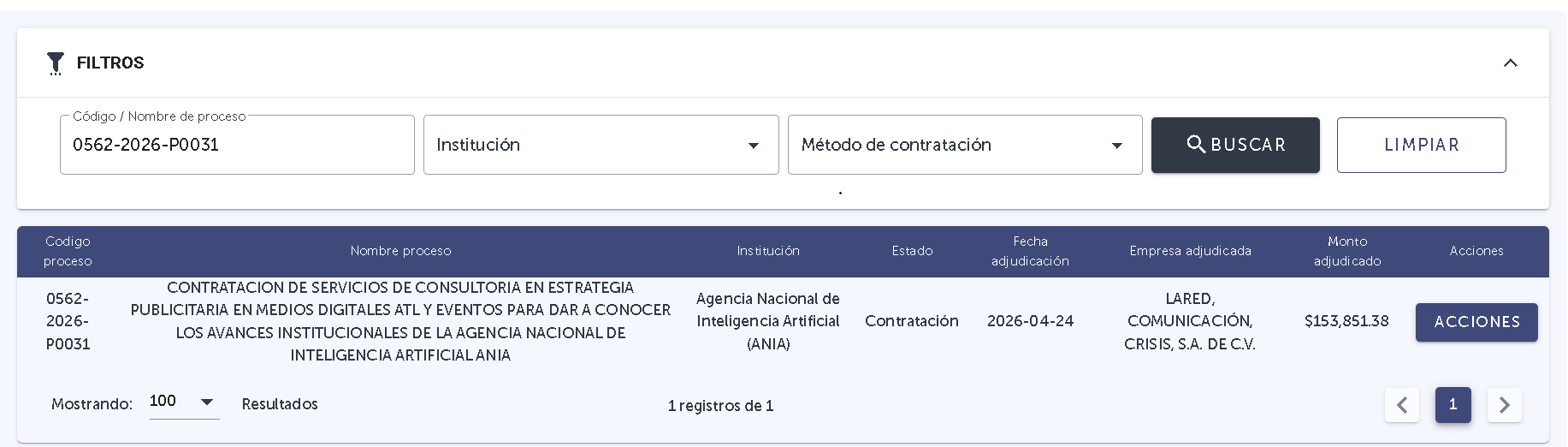Comprasal: proceso 0562-2026-P0031 de ANIA