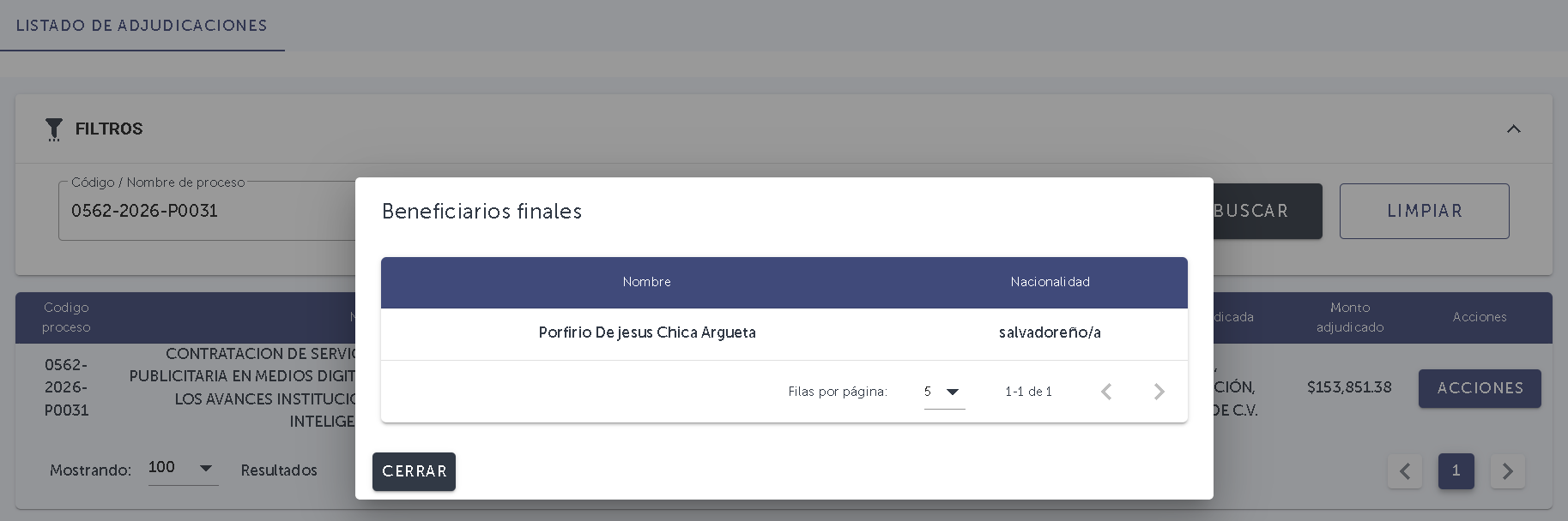 Comprasal: beneficiarios finales del proceso 0562-2026-P0031