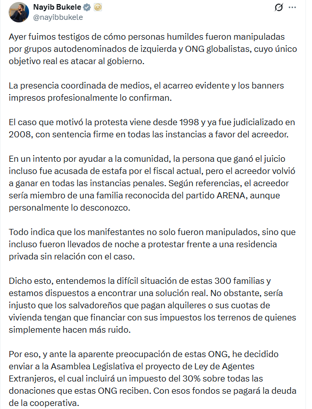 Publicación de Nayib Bukele en X del 13 de mayo de 2025