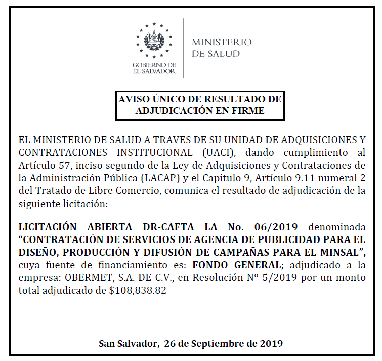 Screenshot of MINSAL's single notice of award result.